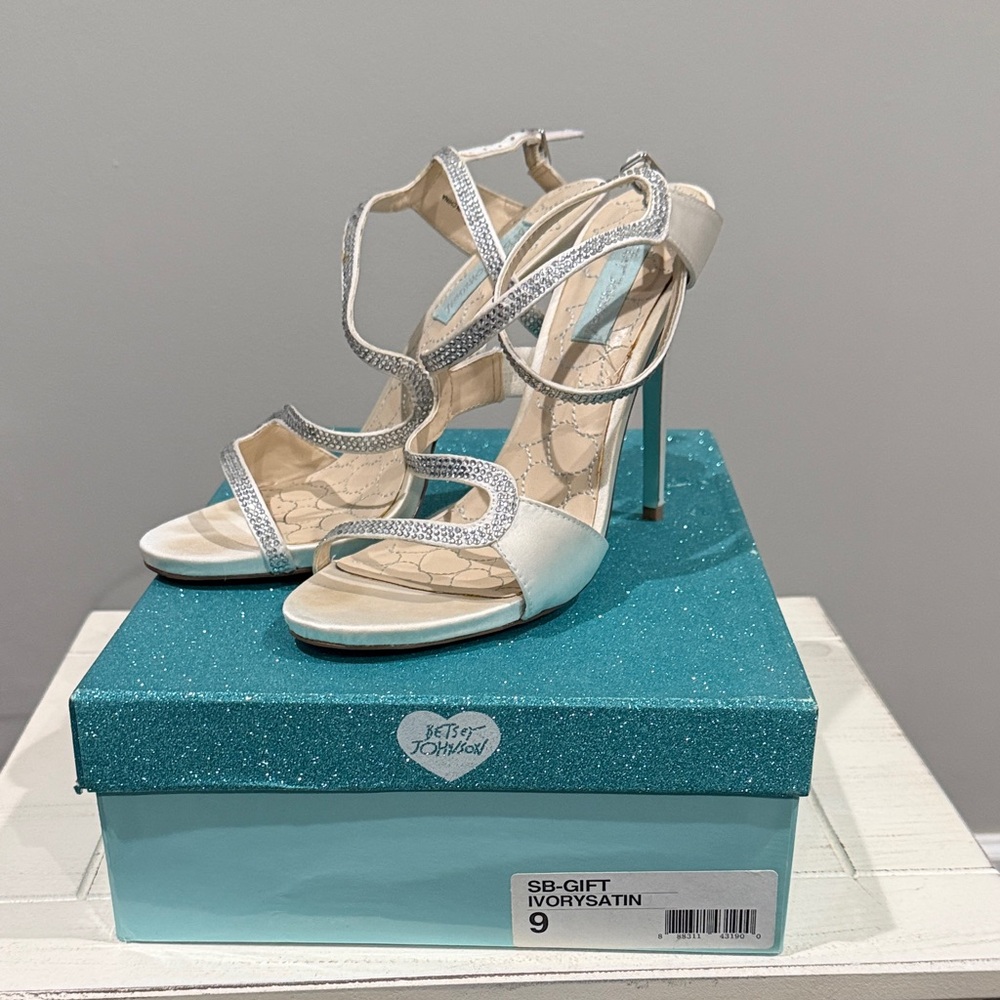 Betsey Johnson Ivory Satin Heels with Rhinestone Accents